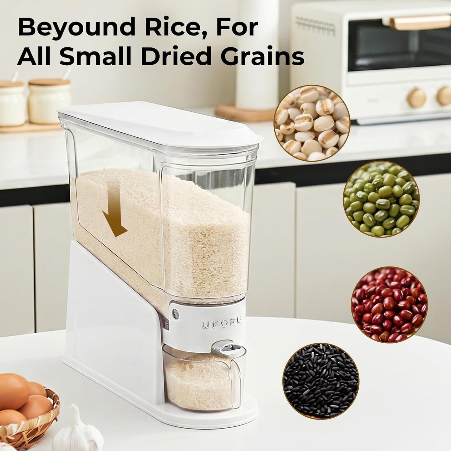 UFORU Rice Dispenser 22Lbs, Slim Rice Storage Container for Small Space, BPA-Free Clear Dry Food Dispenser Sealed Moisture Proof, Grain&Cereal Storage Bucket for Kitchen Pantry Household, Cream White