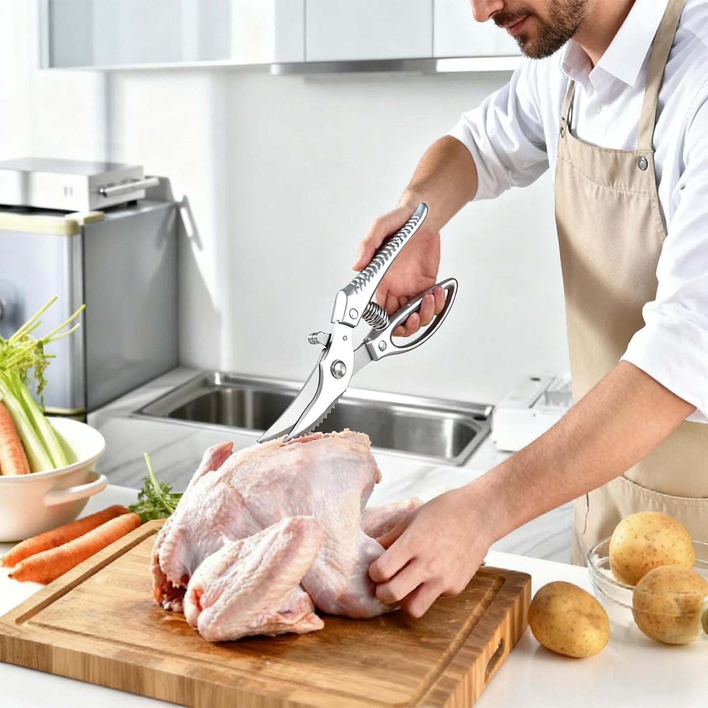Heavy Duty Kitchen Shears - Professional Poultry Scissors with Anti-Slip Handle & Safety Lock, Spring-Loaded Dishwasher Safe for Chicken, Meat, Fish, Bones, Vegetables