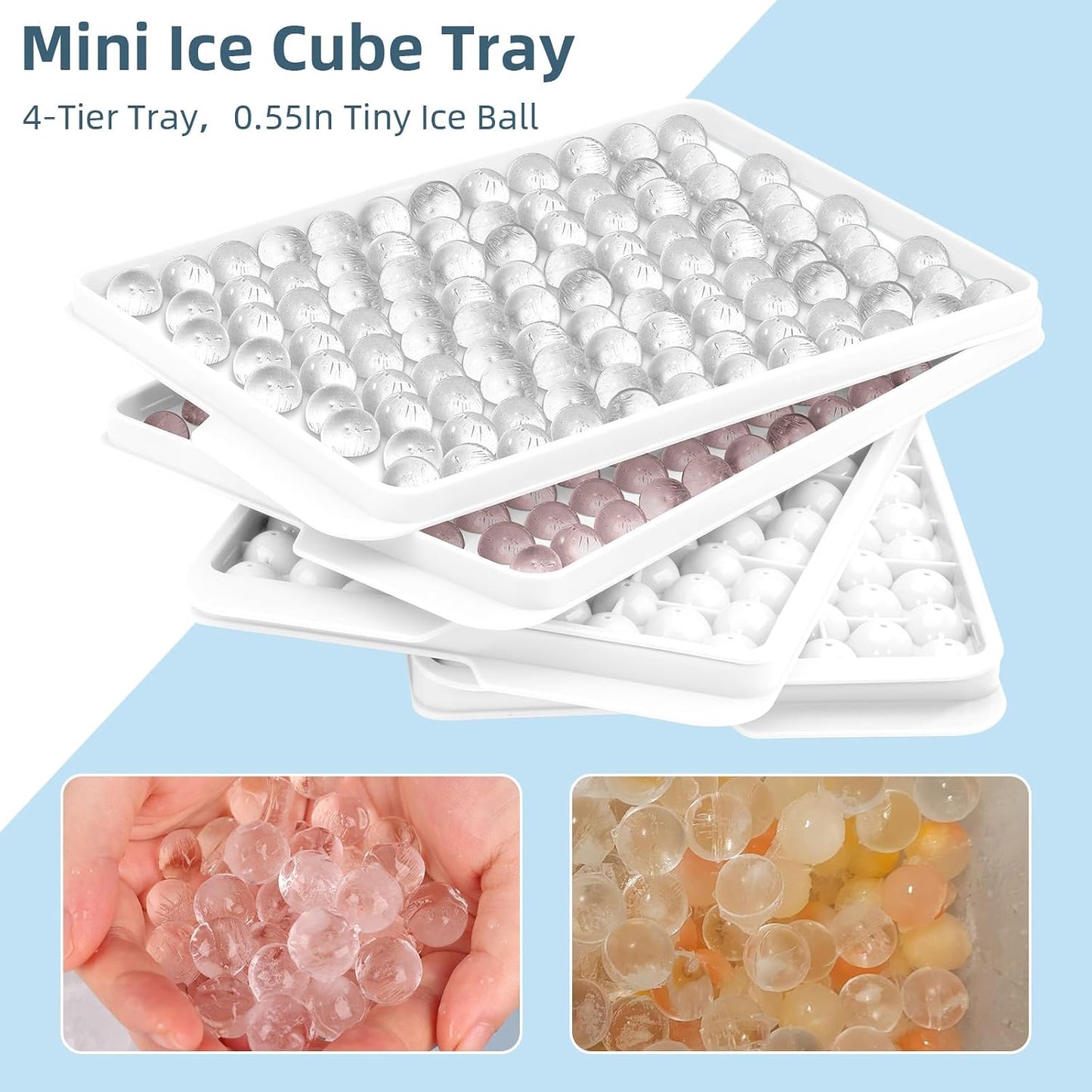 WIBIMEN Mini Ice Cube Trays, 0.55” Tiny Pebble Ice for Iced Coffee & Cocktails, Fast Chill, Easy Twist Release, Stackable with Lid & Storage Bin (2 Pack, Blue)