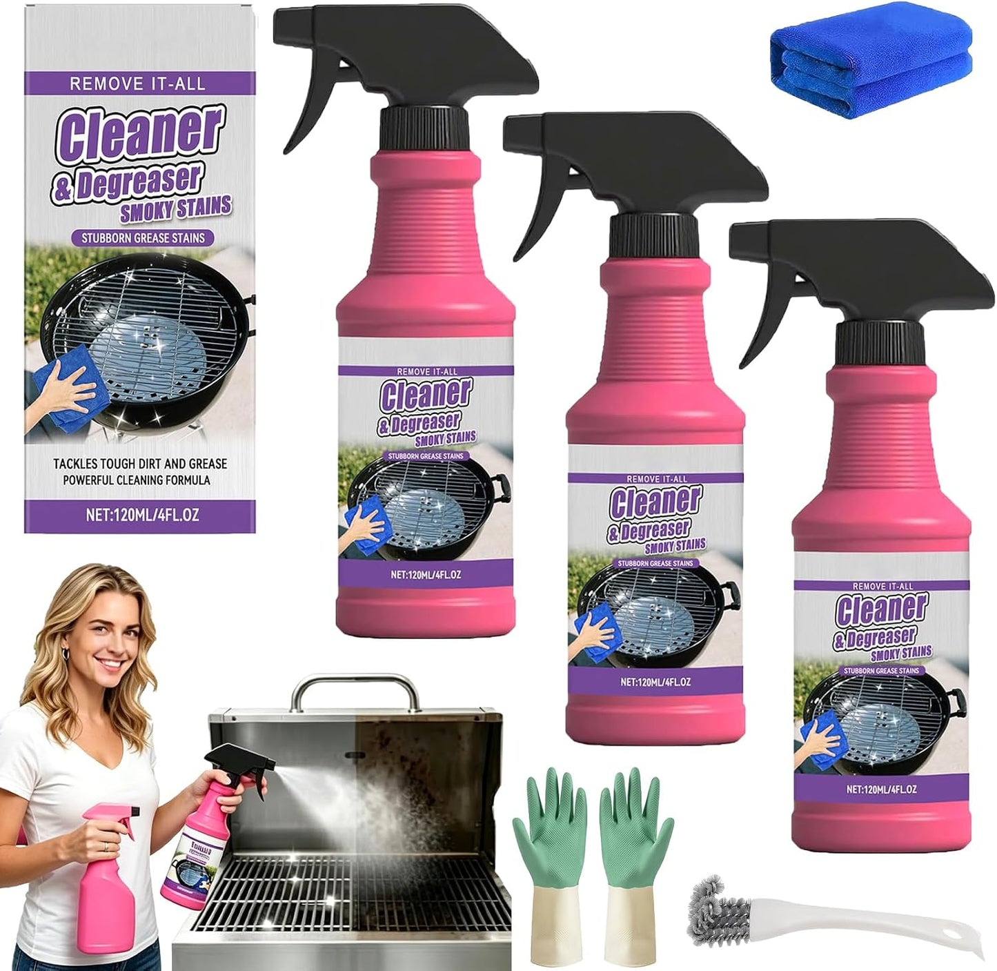 Fast Acting Heavy Duty Grill Degreaser Spray,2026 New BBQ Degreaser Cleaner Heavy Duty,120 ML Outdoor Grills Cleaner,Easily Lifts Baked-On Carbon and Grease,For Kitchen Grates and Racks (3PC)