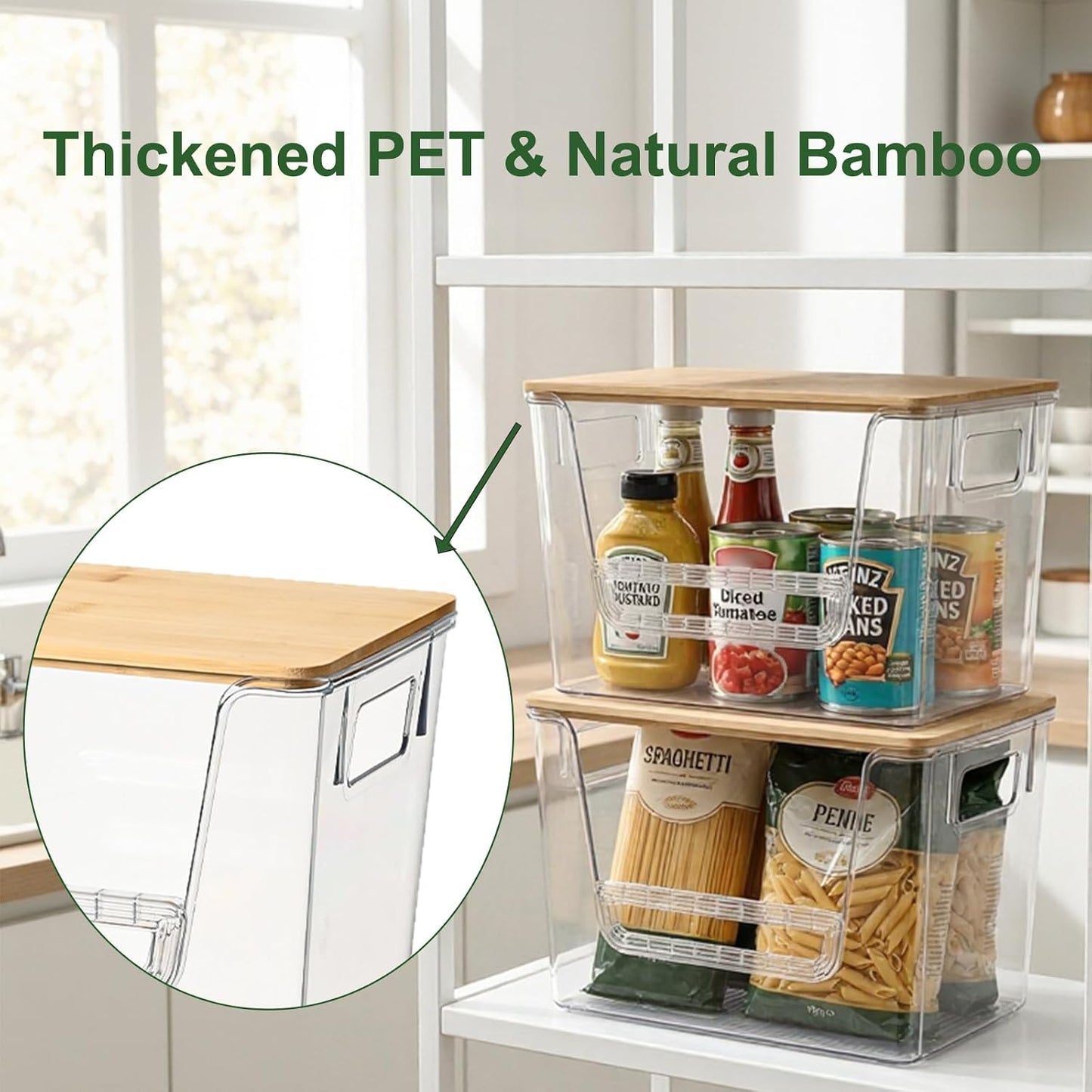 FUSHITON 2 Set Pantry Organizers with Bamboo Lids, Clear Storage Bins with Handles, U-Shaped Front Opening with Removable Stopper for Trash Bag Dispenser, Potato Onion Garlic Storage