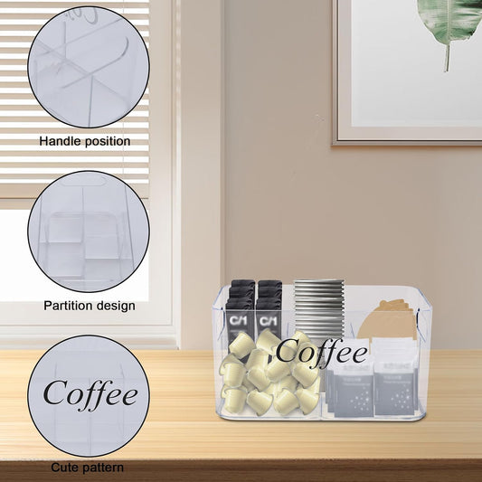 Coffee Bar Station Organizer,Clear Plastic Coffee Bar Accessories Bin with Removable 5-Compartment for Pods Condiment Syrup Tea Cups Stirrers,Coffees Pod Holder for Counter,Kitchen,Office