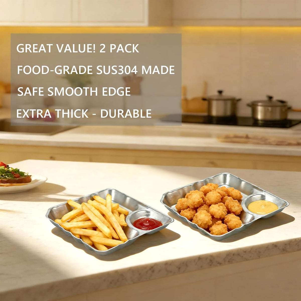 304 Stainless Steel Square 2 Pack Small Snack PlatesChip and Dip Serving Set Small Retro Matte Metal Plates with Dipping Section for Snacks, Dips, Sauces (Square)