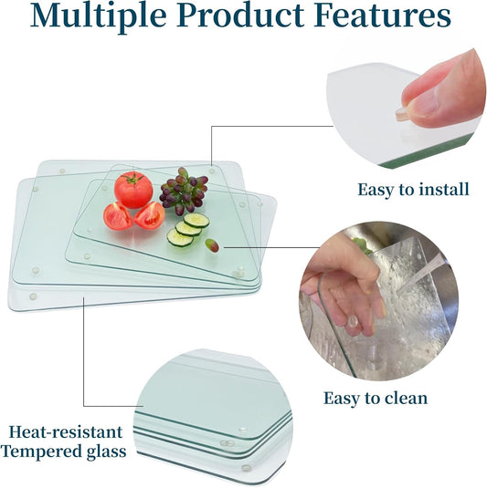 Set of 4 Tempered Glass Cutting Boards for Kitchen, Clear Chopping Board with Non-slip Rubber Feet for Countertop, Rectangle Chopping Block Long Lasting Shatter-Resistant Heat-Resistant, 2 Size