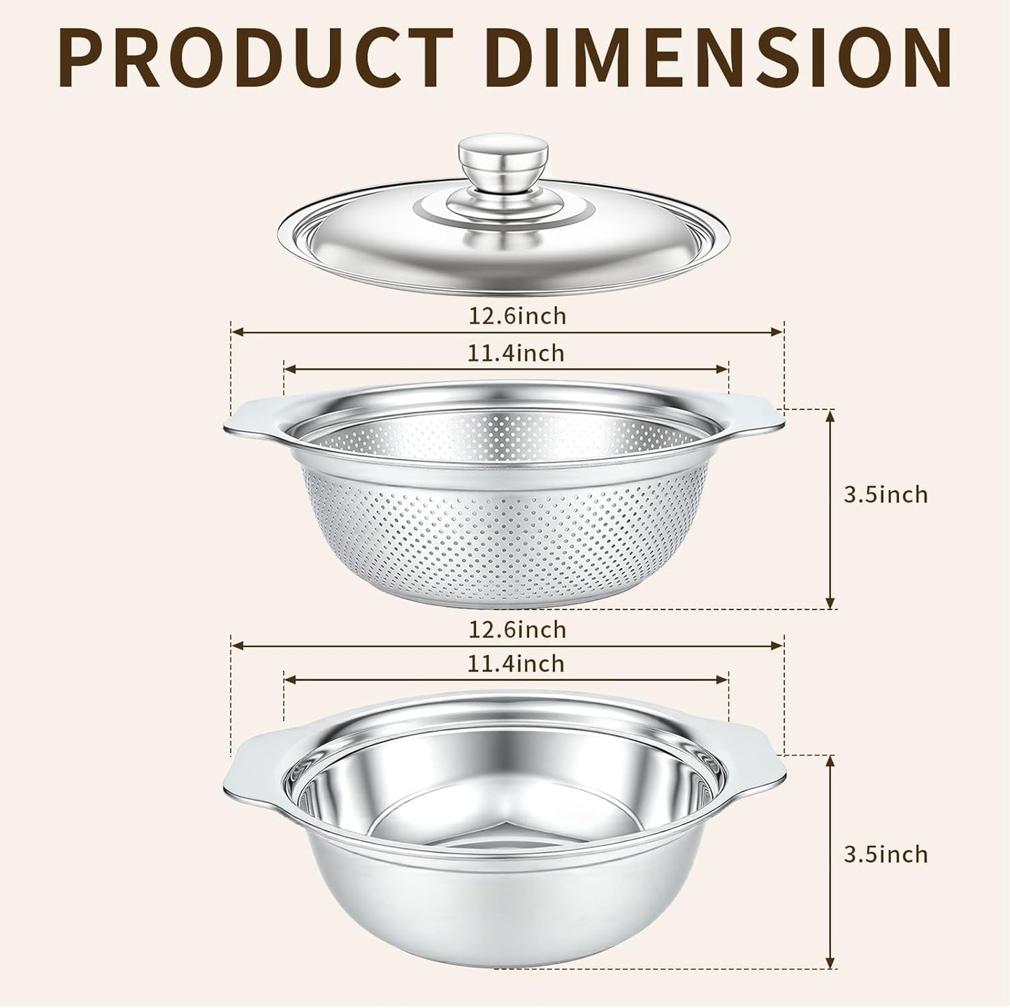 3-in-1 Stainless Steel Colander with Bowl Set – 11.4 Inch Large Fruit Washing Basket & Food Strainer, Multifunctional Drain Basket for Kitchen, Pasta, Vegetable, Rice
