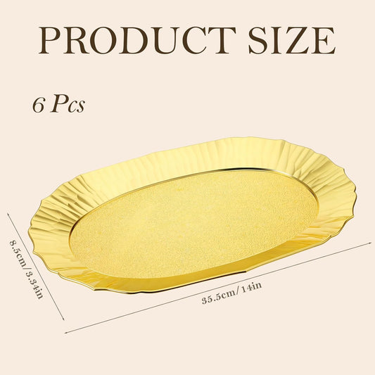 6 Pack Gold Serving Platter Set, Plastic Serving Tray Gold Platters Reusable Party Snack Servings Tray Decorative Food Appetizer Platters for Dessert Cupcake Charcuterie Sushi Snack(14" x 8.5")