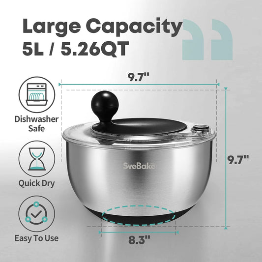 Stainless Steel Salad Spinner 5.3 Qt, Quick Dry & Stop, Easy Drain
