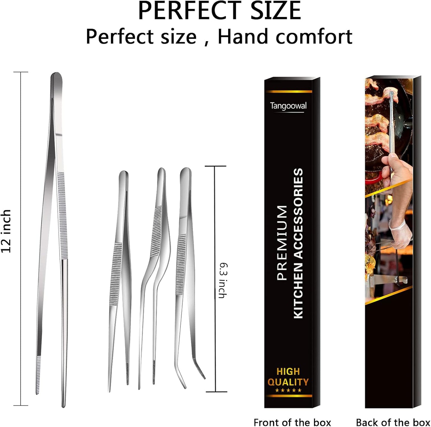 Professional Fine Cooking Tweezer Tongs,High-Precision Stainless Steel Kitchen Tweezers Tongs - 1pcs 12" and 3pcs 6.3"