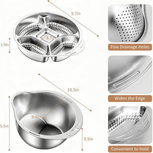 Rice Washer Strainer Bowl with Grater, Multipurse Stainless Steel Rice Colander with Side Drainer for Cleaning Quinoa, Fruits, Vegetables, Bean Versatile Kitchen Tool