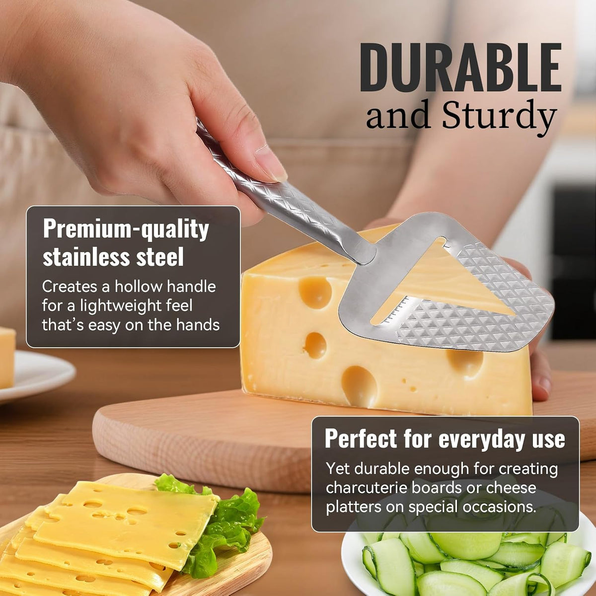 Stainless Steel Cheese Slicer – Effortless Slicing for All Cheeses – Premium Handheld Cheese Cutter – Cheese Plane for Block Cheese – Quilted Pattern Reduces Resistance, Non-Stick & Ergonomic Grip
