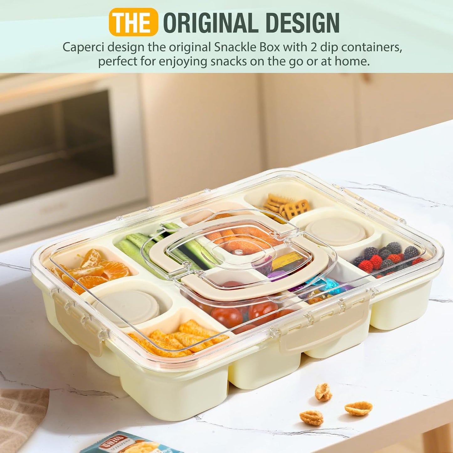Caperci 2 Pack Snackle Box Container - Portable 10 Compartment Divided Snack Serving Tray with Lid & Handle, Built-in 4 Leak-Proof Sauce Containers, Dishwasher Safe, BPA-Free(Milky White)