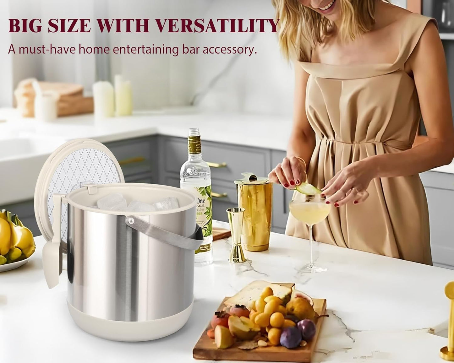 6.8L/7QT Insulated Ice Bucket with Lid & Scoop,Double-Wall Ice Bucket for Parties,Cocktail Bar(White)