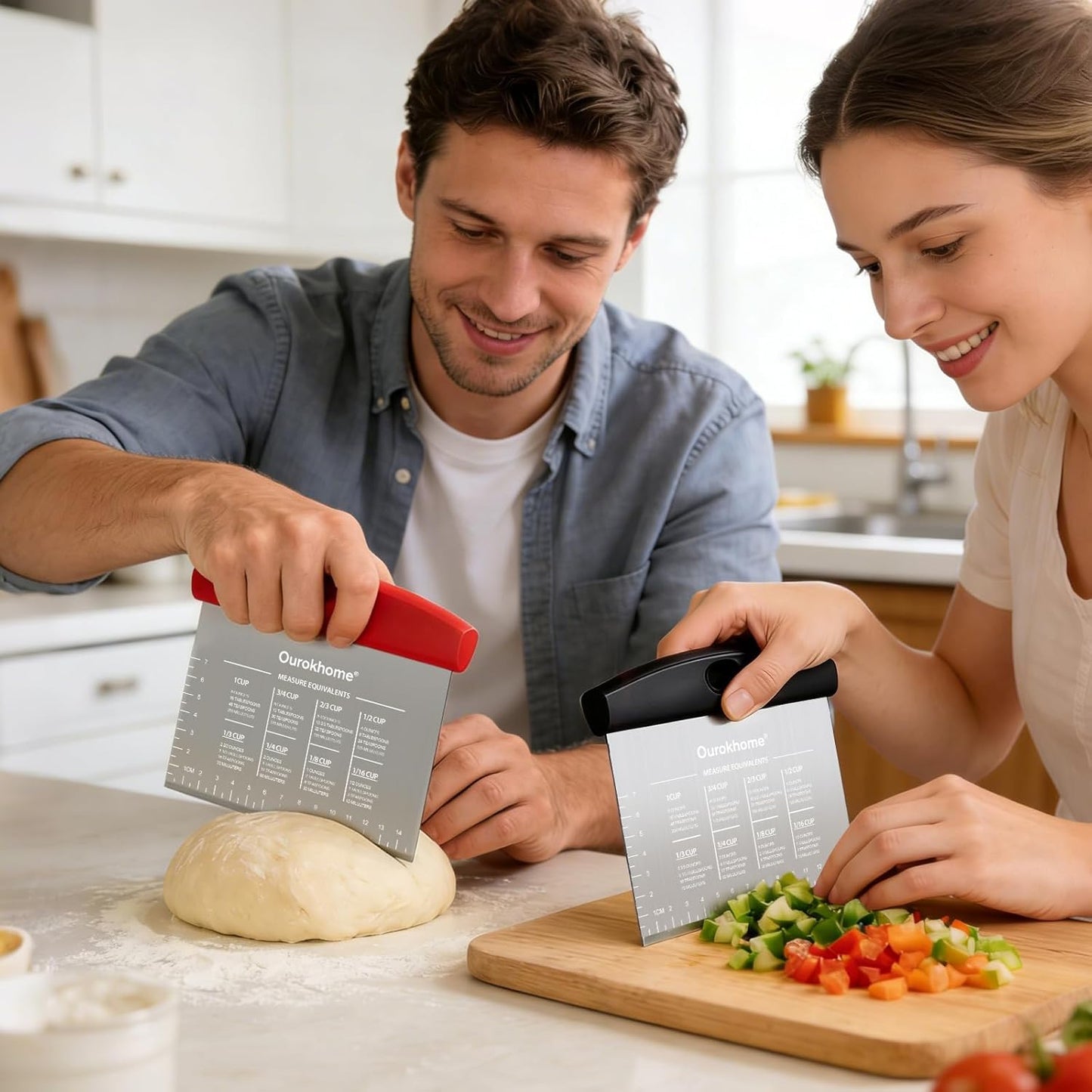 Ourokhome 2 Pack Bench Scraper Dough Cutter, Stainless Steel Dough Scraper with Laser-Etched Scale, Conversion Chart, Non-Slip Handle, Dishwasher Safe for Bread & Pastry, Black