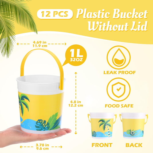 20 Pcs 32 oz Plastic Cocktail Rum Buckets with Handles for Drinks with 100 Colorful Straws Reusable Portable Drink Buckets for Beach Summer Bar Parties