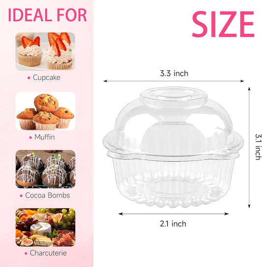 Zezzxu 100 Pack Individual Cupcake Containers, Clear Plastic Cupcake Holders with Dome Lids, Single Cupcake Carriers for Cupcakes, Hot Cocoa Bombs, Muffins, Pastries