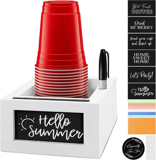 Wooden Cup Holder with Marker Slot, Mark Your Cup and Drink Up with Interchangeable Signs, Party Cup Holder, Wood Cup Dispenser - Rustic Farmhouse Modern Decor | Hostess Gift (Wooden)