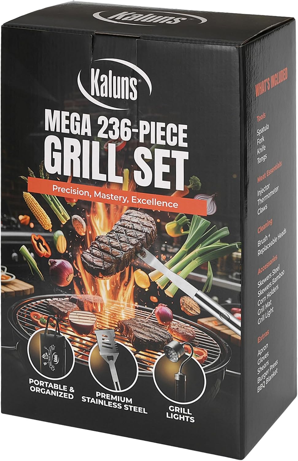 Kaluns BBQ Grilling Accessories, Grilling Gifts for Men Dad, Grill Tools for Outdoor Grill, Heavy Duty Stainless Steel Grill Set with Spatula, Tongs, Fork, Brush, & Grilling Mat, Best BBQ Gifts