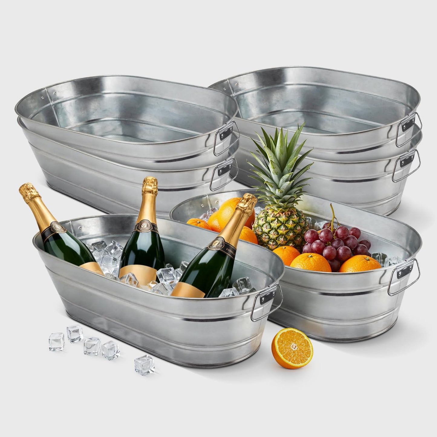 PLEXON Metal Ice Bucket for Parties - Galvanized Tub with Handles - Beverage Tub - Ice Bucket for Cocktail Bar Restaurant - Drink Beer Champagne Chiller Cooler - 5.3 Gallon (20L), Set of 2