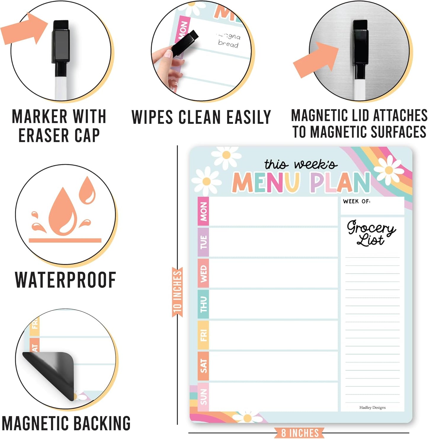 Hadley Designs Weekly Meal Planner for Fridge - Dinner Menu Board for Kitchen, Greenery Weekly Menu Board Dry Erase, Dry Erase Meal Planner for Fridge