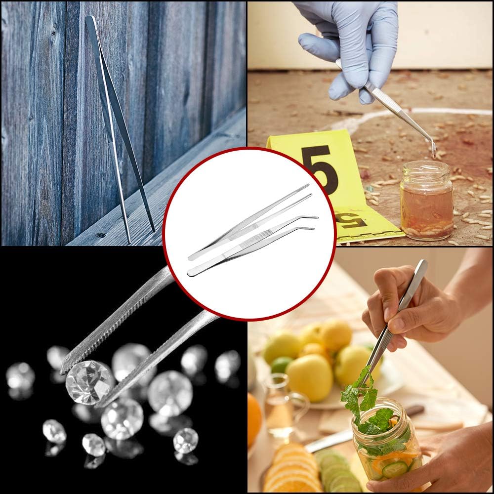 Kitchen Tweezers Stainless Steel 8 Inch Long Tweezers Tongs, Heavy Duty large food tweezers with Precision Serrated Tips for Cooking(8" Straight+Curved)