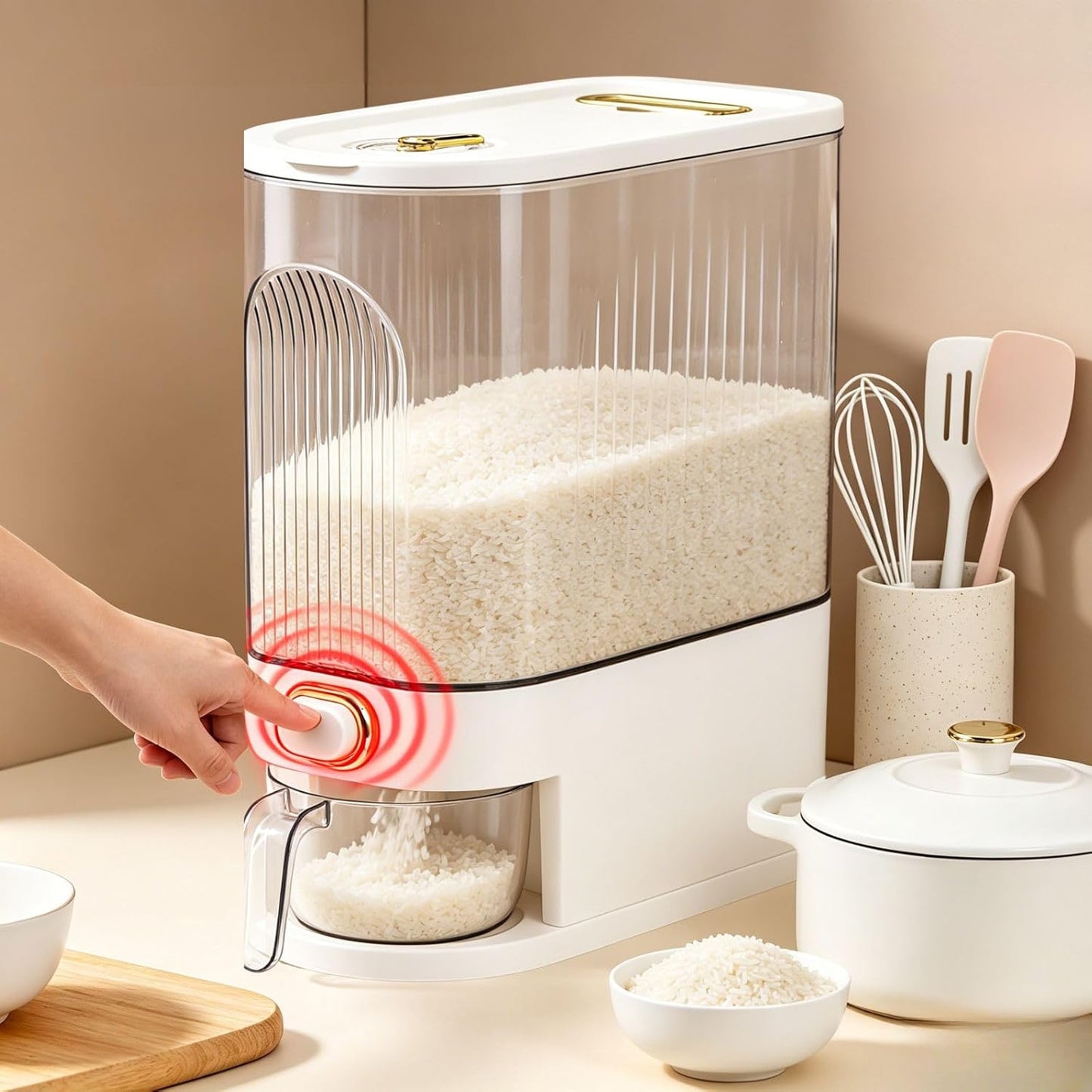 Cididu Clear Rice Holder Dispenser, 22 Lbs Large Grain Storage Container with Measuring Cup, Cylinder Household Food Dispenser Bucket Kitchen Organization for Cereal Oatmeal Coffee Bean Soybean Corn