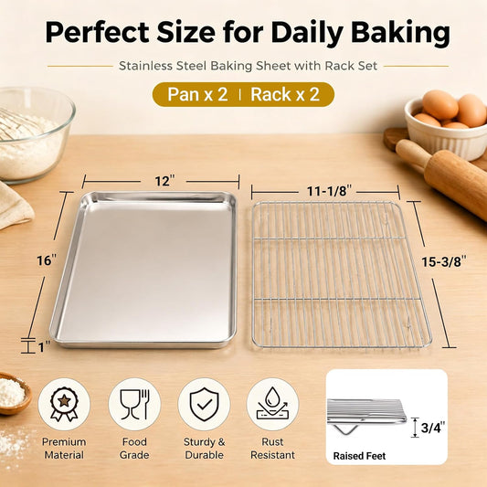 Onader 2 Pack 16x12 Inch Stainless Steel Baking Sheet and Wire Cooling Rack