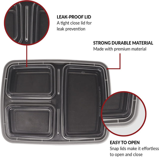 Reli. Meal Prep Containers, 32 oz. | 40 Pack | 3 Compartment Food Container w/Lids | Microwavable Food Storage, To Go | Black Reusable Bento Box/Lunch Box for Meal Prep