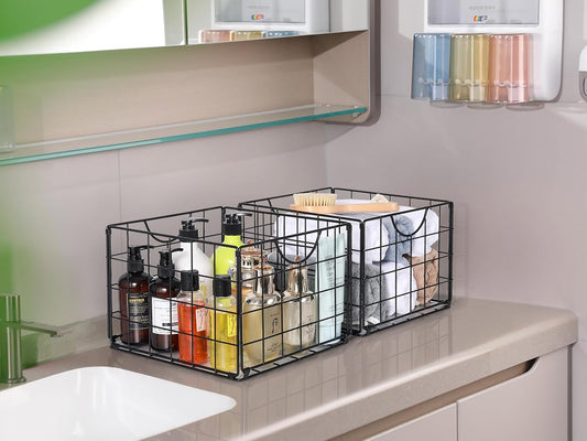 DINGTAI Metal Wire Basket Organizer Foldable Set of 6, Food Storage Mesh Bin with PVC Sheet, Freezer Organizer Bins for Pantry Closet Bathroom-Black