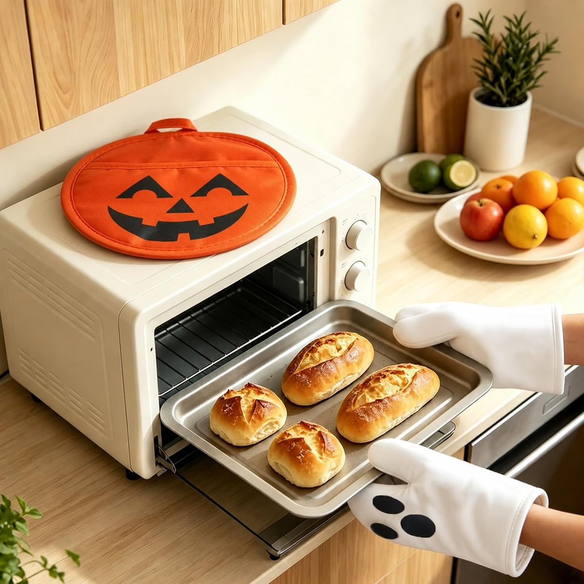 FYSUIMU 4Pcs Halloween Oven Mitts and Pot Holders Set, Evil Pumpkin Ghost