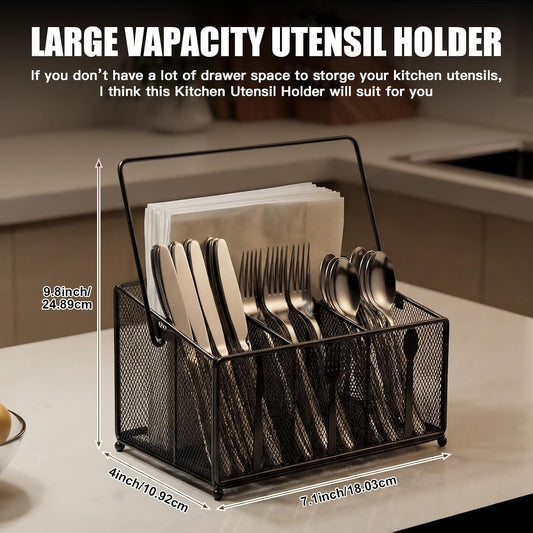 Utensil Caddy for Party, Utensil Organizer Silverware Caddy, 4 Compartment Metal Cutlery Organizer, Fork Spoon Napkin Plate Basket for Kitchen Countertop Buffet Outdoor BBQ Camping Picnic