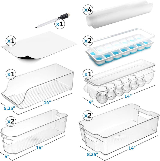 Hearth & Harbor 28 Piece Fridge Organizer Bins - Set of 16 Clear Bins with 8 Shelf Liners, 2 White Boards and 2 Markers - Stackable Containers With Handles