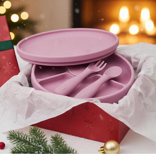 TalkTools Bitsy Silicone Baby Suction Plate with Locking Lid – Divided Plate for Toddlers Learning to Self-Feed – Non-Slip, BPA-Free, Microwave + Dishwasher Safe Baby Mealtime Plate(Pink).