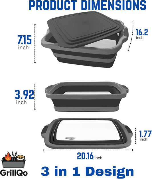 BBQ Prep Tub with 2 Pcs Meat Shredder Claws, Collapsible Cutting Board, 3 Adjustable Height BBQ Prep Tub with Lid, Multifunction Dish Basin for Kitchen, Grilling, Outdoor Cooking, Camping & Picnic