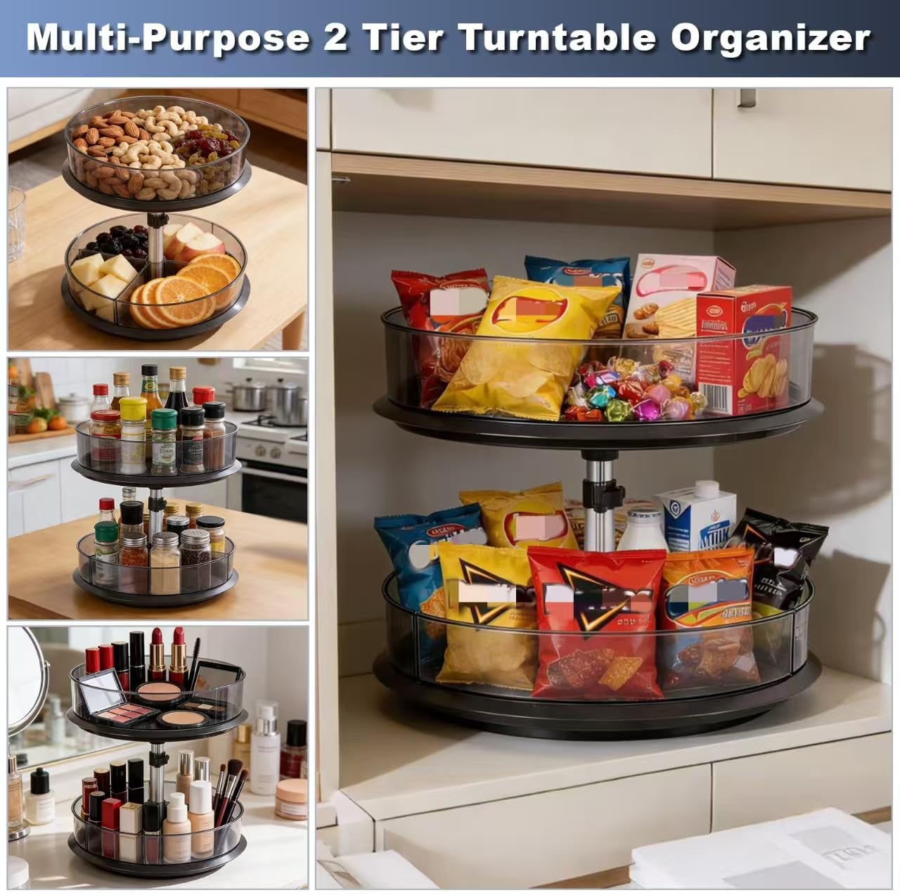 2 Tier Snack Carousel, Rotary Turntable Organizer for Snack Bar Organizer and Snack Display, Countertop & Under Sink Organizer for Snack Storage, Tray has Removable Dividers, Easy Assembly
