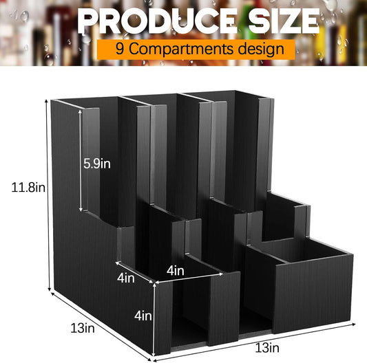 CroBlissful Wooden Vertical Coffee cup and lid dispenser, coffee condiment organizer, 9 Compartment for Disposable Paper & Plastic Cup, for cabinet Station Home Countertop Bar 13''l x 13''w x 12''h