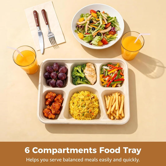 50 Pcs 6 Compartment Disposable Paper Plates Heavy Duty Divided Pulp Paper Meal Prep Containers Heavy-duty Lunch Plates Microwave & Freezer Safe