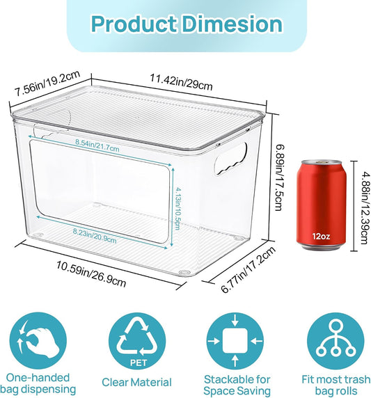 Vtopmart 2 Pack Trash Bag Holder with Bamboo Lid, Stackable Garbage Bag Dispenser for 13/30/33 Gallon Bags, Clear Organizer Bins for Under Kitchen Sink, Laundry Room Organization and Storage