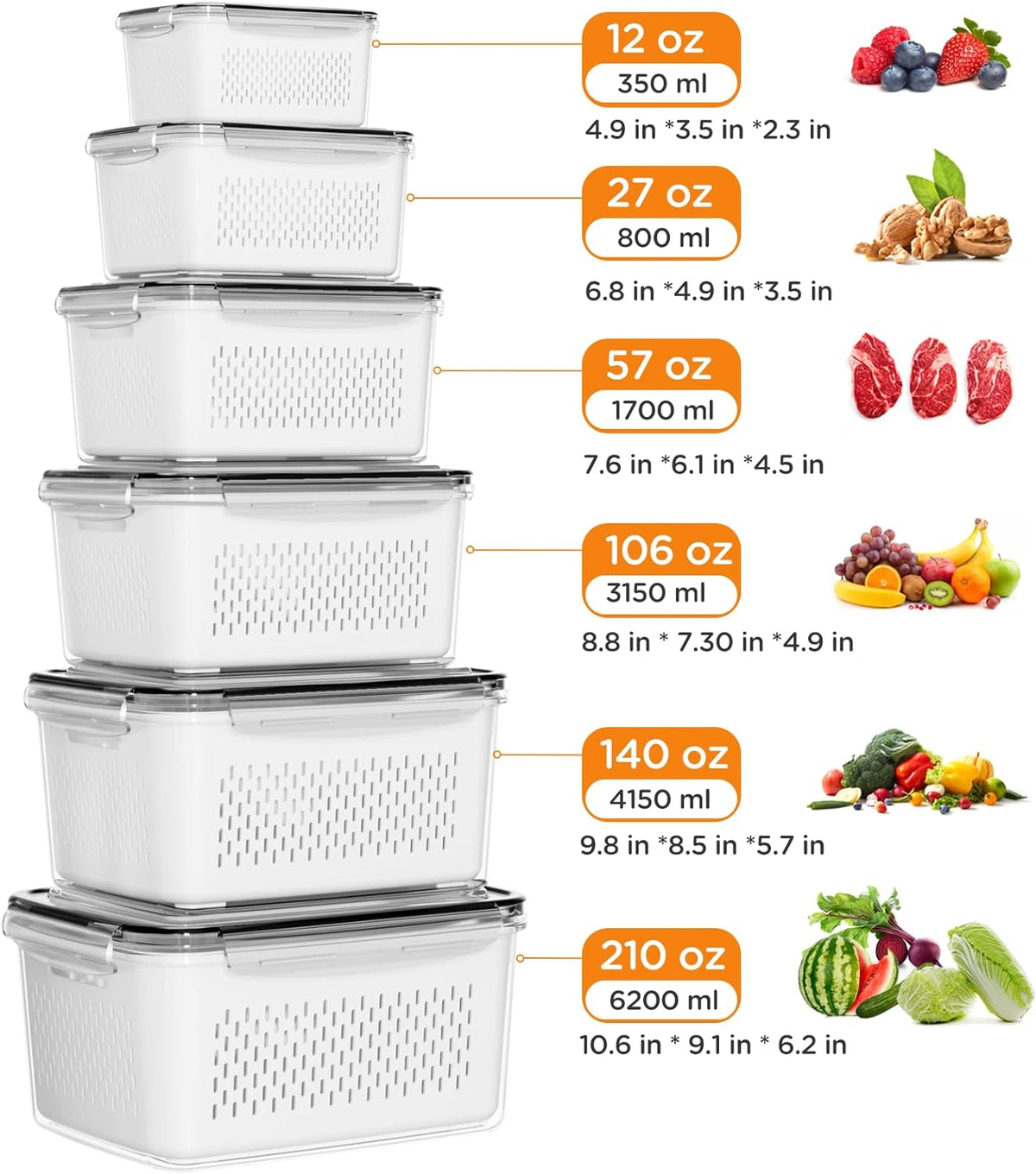 Fruit Storage Containers for Fridge with Removable Colanders, 4 in 1 Produce Storage Containers with Lids, Leakproof Fridge Organizer Bins for Salad Berry Lettuce Vegetables Meat Keeper Fresh