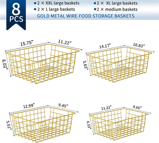 Leinuosen 8 Pcs Gold Wire Basket Set Metal Gold Storage Baskets for Pantry Wire Storage Bins with Handles Assorted Sizes Organizing Basket for Kitchen Living Room Bathroom Laundry Table Countertop