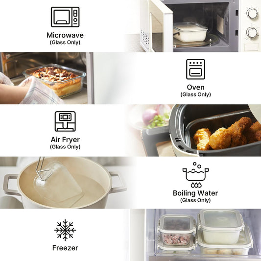 Neoflam 6-Piece Comodo Glass Food Storage Containers with Lids – Airtight Stackable Meal Prep Set – BPA-Free, Microwave Oven Air Fryer Freezer Safe – Reusable Glass Containers for Home & Office