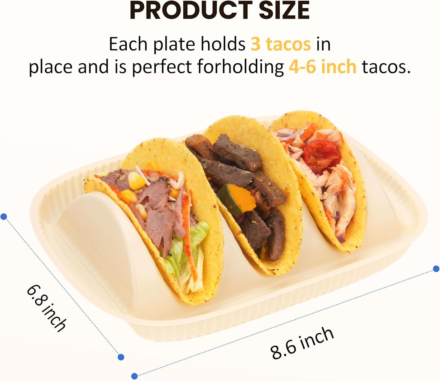 50-Pack Disposable Taco Plates for 2 Tacos & 2 Sides - For Most 4-6 IN Small Hard Shells - Biodegradable Cornstarch Holder Plates - Microwave Safe - Ideal for Fiesta, Bar, Party