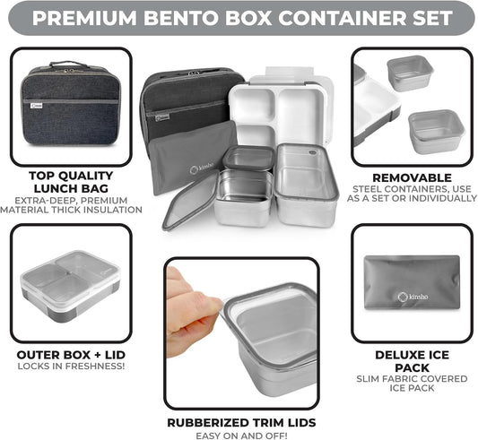 Stainless Steel Bento Lunch Box Set For Adults, Kids - Insulated Bag And Ice Pack - Leak-Proof Metal Compartment Meal Prep Food & Snack Containers For Work Travel School Daycare, 42 Oz Grey Black