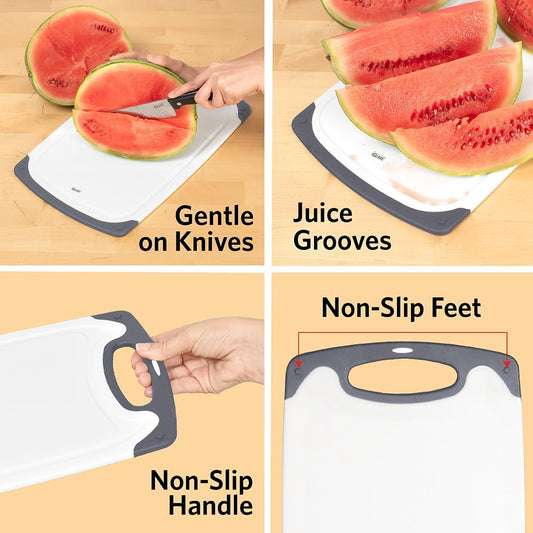 Glad Cutting Boards for Kitchen - 3pc Cutting Board Set with Juice Grooves and Non Slip Handles - Assorted Sizes for Meat, Vegetables, and Fruit - Non Porous, Dishwasher Safe, Grey