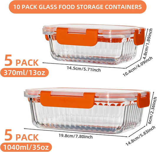 10 Pack Glass Meal Prep Containers, Food Storage Container Set with Snap Locking Lids, Airtight Lunch Boxes for Kitchen, Microwave, Oven, Freezer, and Dishwasher Safe (Multicolored)