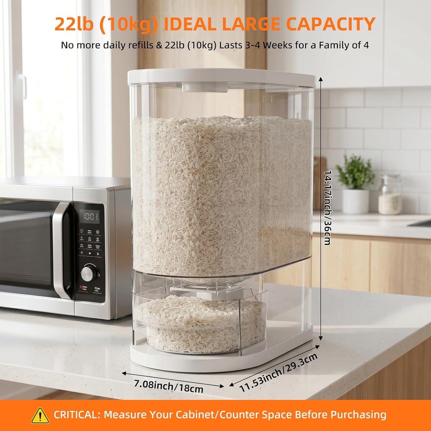 Rice Dispenser 22 Lbs(10kg), Rice Holder Storage Container with Measuring Cup, Clear Cereal Dry Food Grain Dispenser for Kitchen Pantry Household Organization, BPA Free