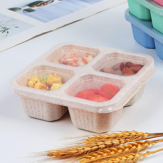 buluker 8 Pack Bento Snack Containers Set, 4 Compartment Food Storage Containers ,Wheat Straw Meal Prep Lunch Box ,Plastic Food Storage container, Microwave and Dishwasher Safe (Bright color)