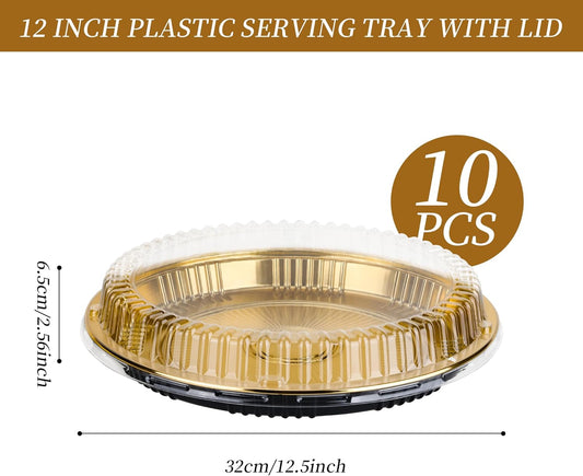10 Pcs Disposable Pie Carrier with Clear Lid 12 Inch Round Pie Carrier Pies Holder with Lids for Cake Pizza Candy Salads Meal Prep, Gold