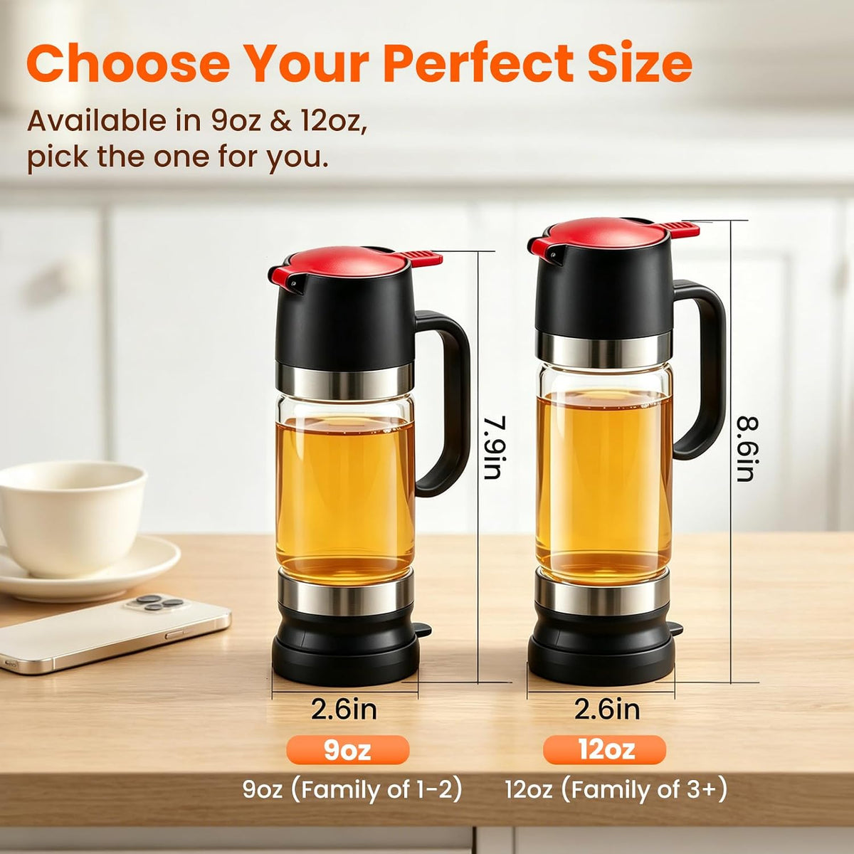 Glass Honey Dispenser Push-Button with Handle (Yellow), No Drip Glass Jar, Leak-Proof Bottom: One-Handed Press to Serve Honey or Syrup onto Coffee, Tea, Pancakes & Desserts (Yellow, 9, ounces)