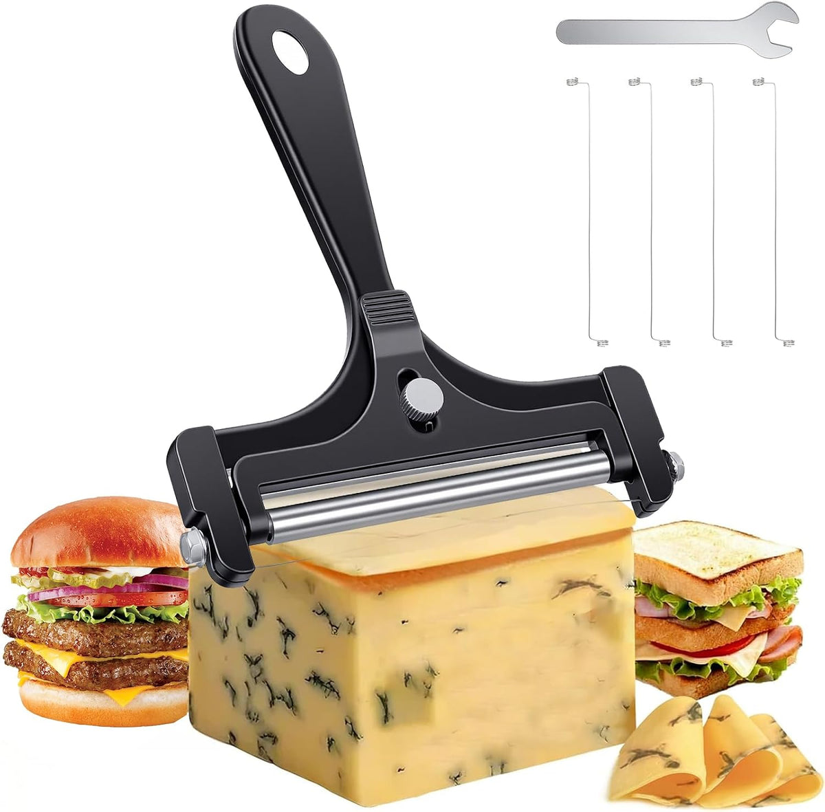 Wire Cheese Slicer Adjustable Handheld Cheese Cutter Stainless Steel Food Slicer for Block Cheeses with 4 Extra Wires and Wrench Handheld Butter Block Cutter for Mozzarella Cheddar Gruyere