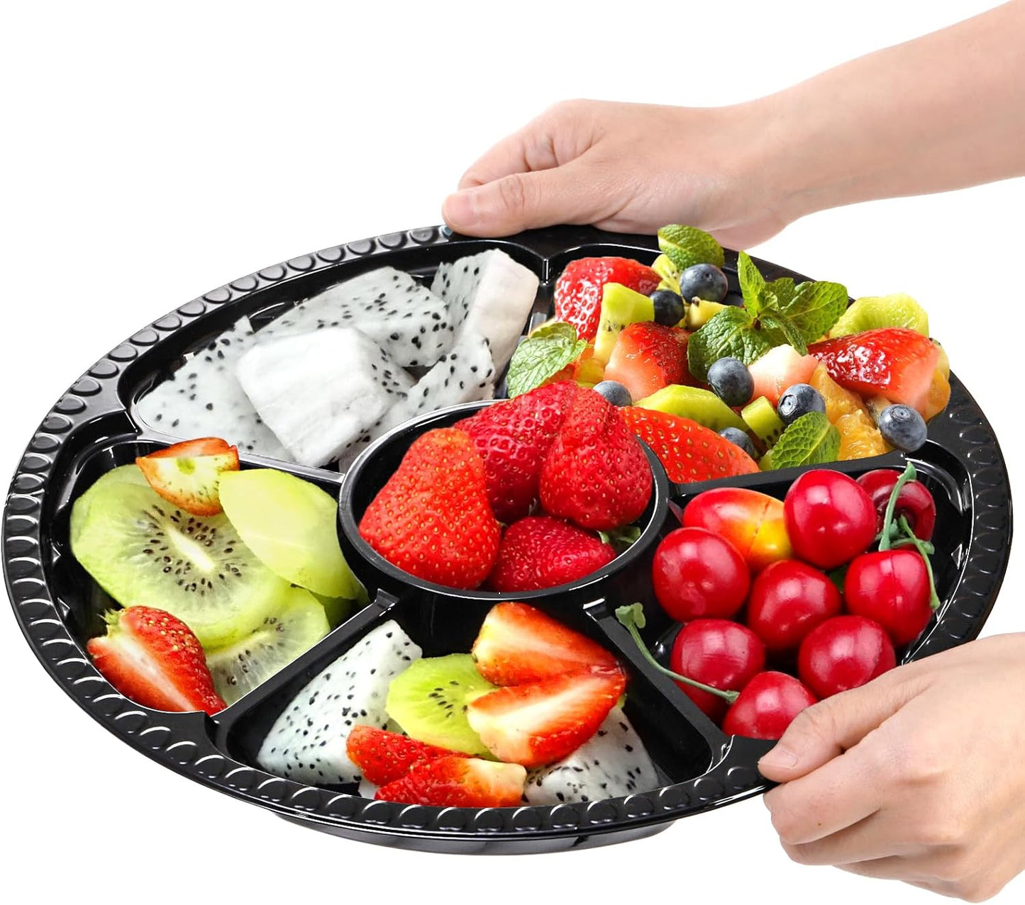Lawei 30 Pack Plastic Appetizer Trays with Clear Lid, Round Stackable Serving Party Trays, 12 in Banquet Catering Fruit Vegetable Tray, Reusable 6 Divided Food Snack Dip Platter for Outdoor Buffet